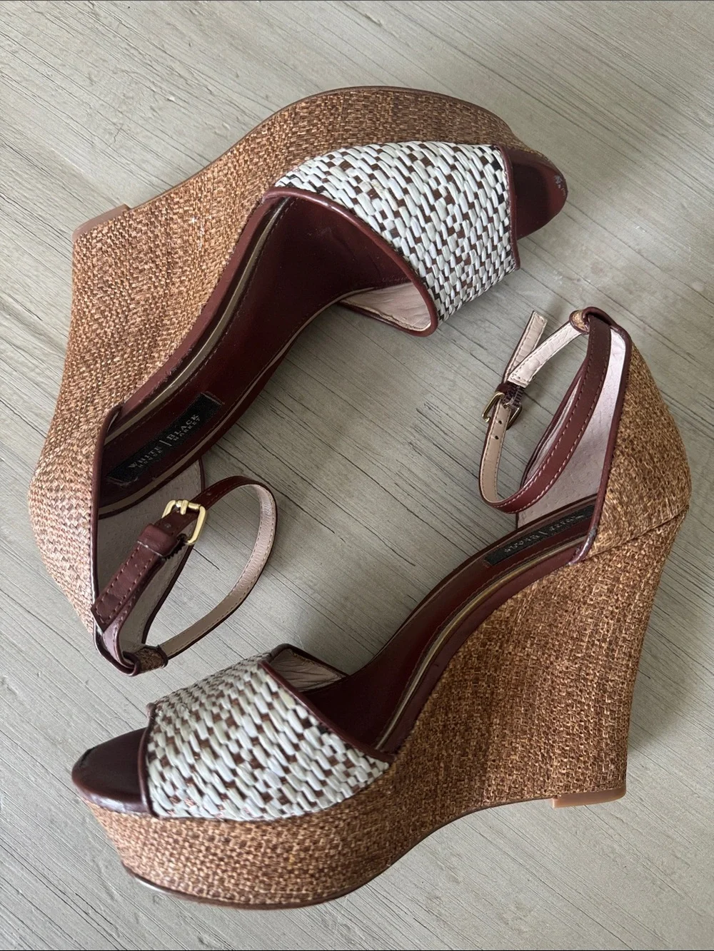 White House Black Market Brown and White Woven Wedge Sandals